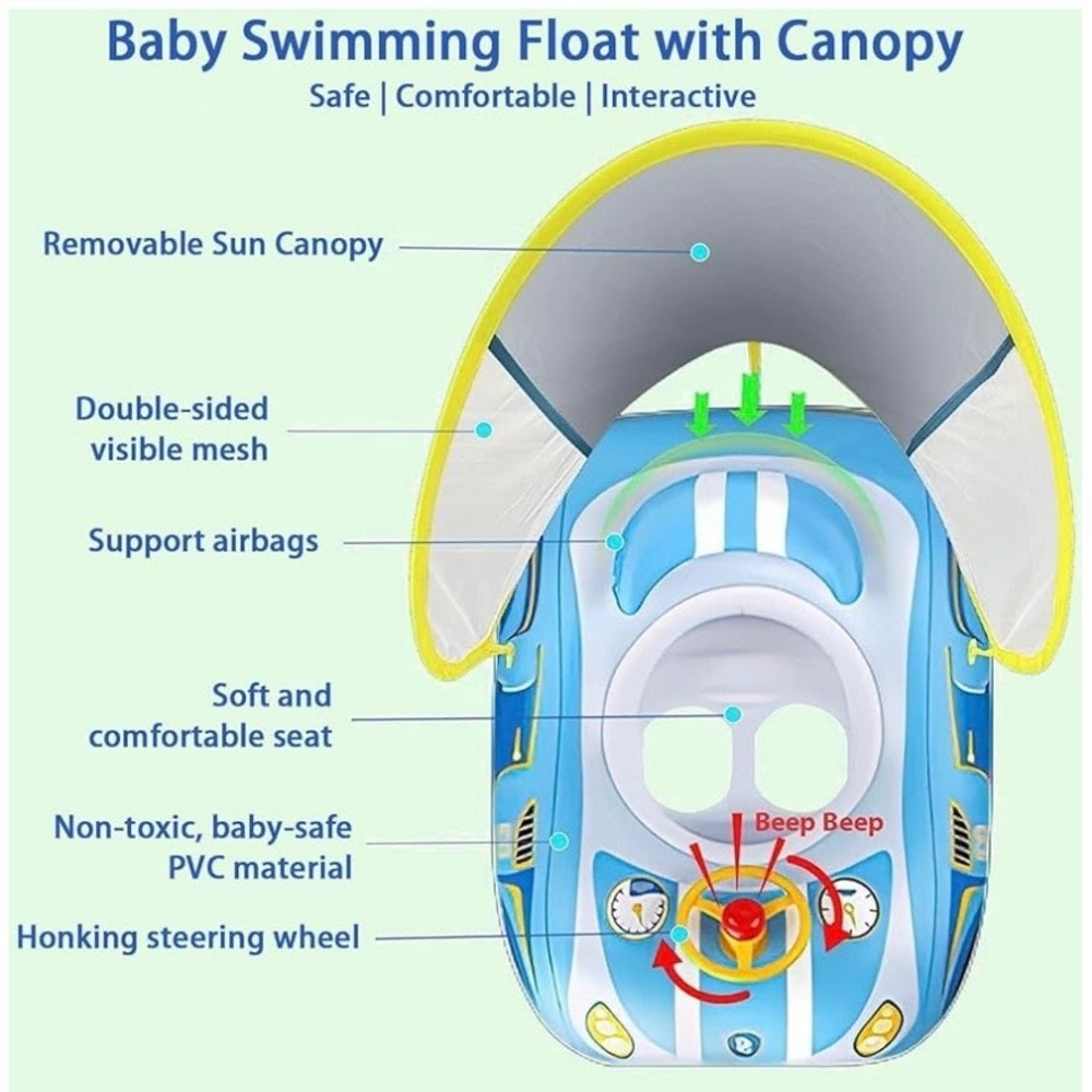 NEW Baby Car 1-4 Yrs Pool Float with Canopy and Steering Wheel UPF 50 - Picture 4 of 12